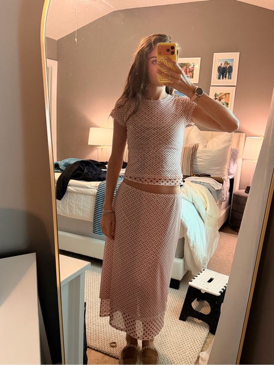 Miaou Dresses & Skirts - Miaou Two-Piece Pink Polka Dot Knit Top and Midi Skirt Set